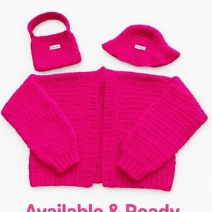 Vibrant Pink Crochet Cardigan, Hat, and Bag Set
